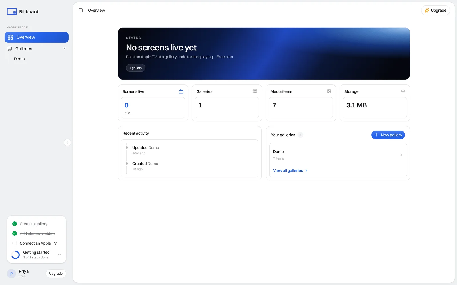 The Billboard dashboard Overview, with the sidebar on the left, status and stat tiles across the top, and recent activity below