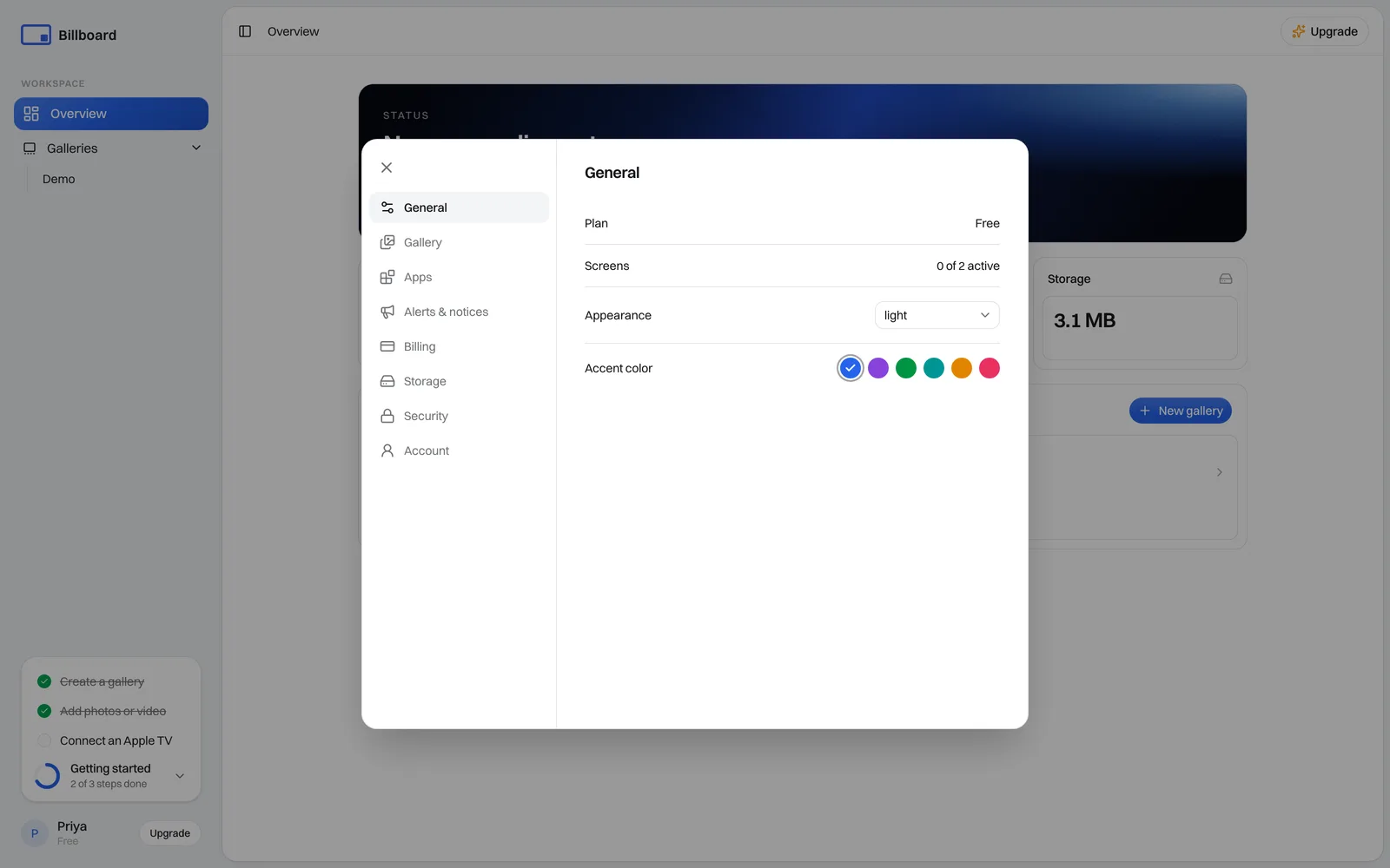 The Settings panel, with its sections down the left