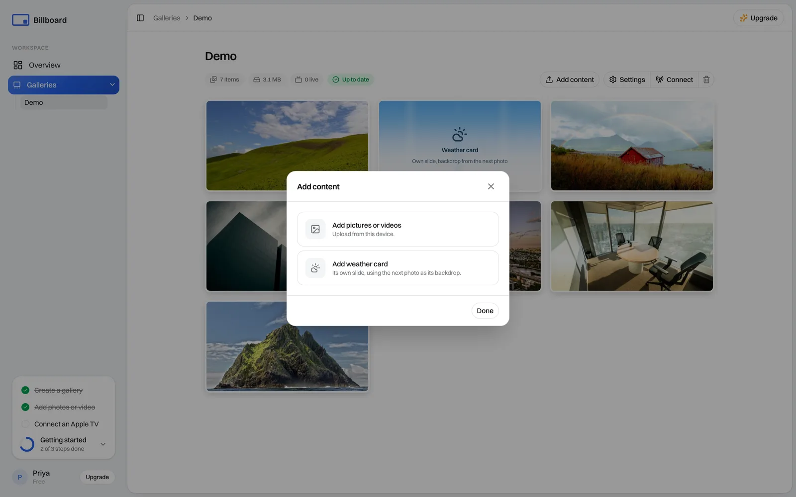 The Upload content panel, with a drag-and-drop area for images and video